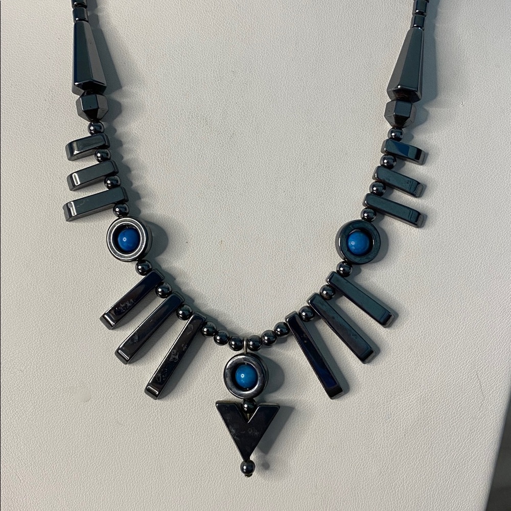 Hematite and Turquoise stone necklace  with Geometric design